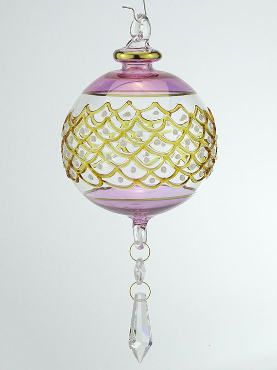 Kugel 8 cm pink, gelbes Glasnetz, weiße Punkte und Kristallanhänger